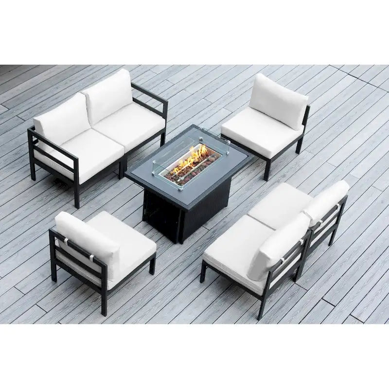 Sectionnel Ohana Outdoor 7 pièces en aluminium coussiné avec table de foyer de 42 po