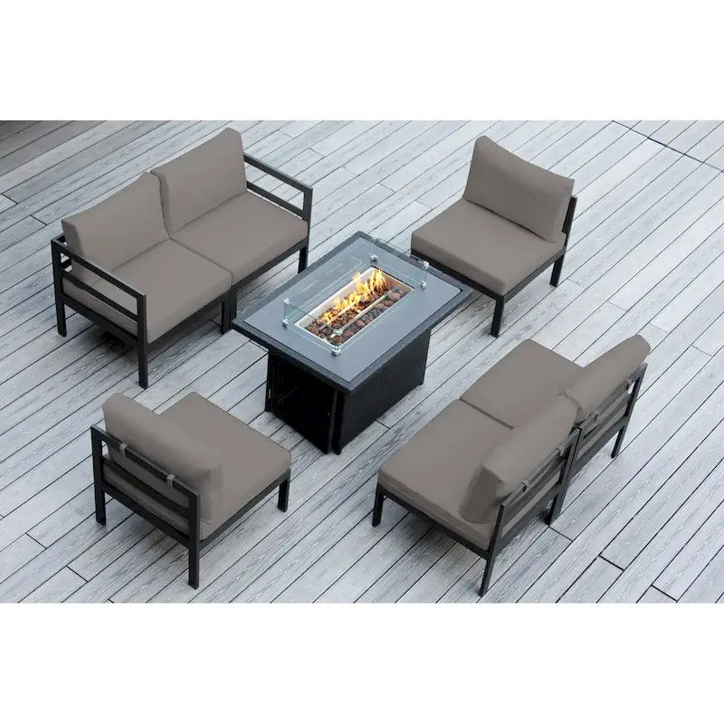 Sectionnel Ohana Outdoor 7 pièces en aluminium coussiné avec table de foyer de 42 po