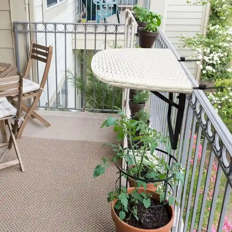 Table de balcon pliable en osier pour l'intérieur et l'extérieur avec structure métallique et pinces réglables
