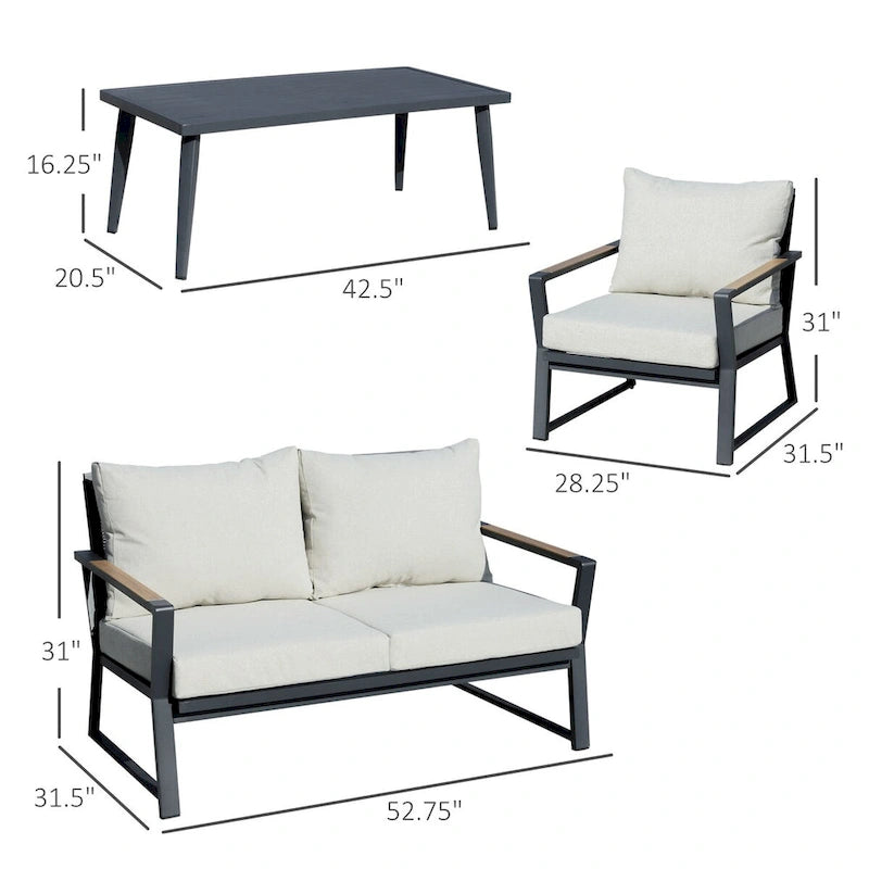Ensemble de conversation de patio en aluminium 4 pièces avec coussins