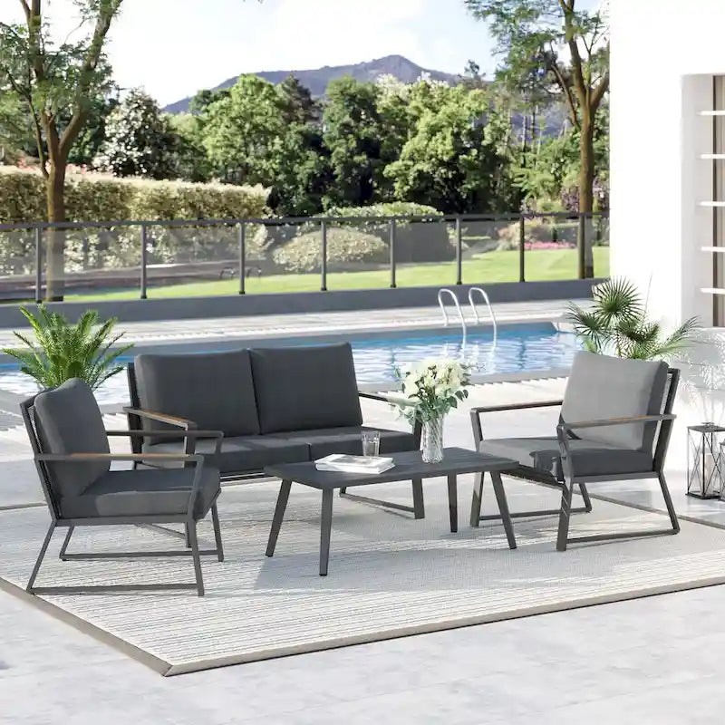 Ensemble de conversation de patio en aluminium 4 pièces avec coussins