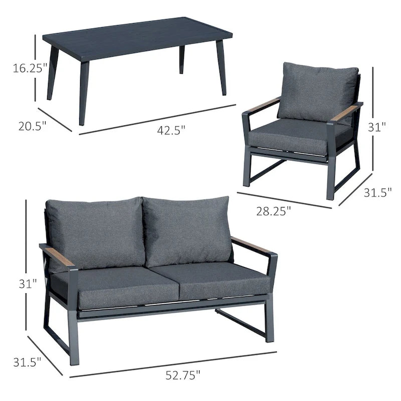 Ensemble de conversation de patio en aluminium 4 pièces avec coussins