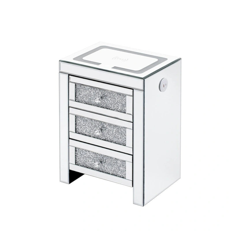 Table d'appoint rectangulaire en miroir argenté 15,7 W avec recharge sans fil et USB