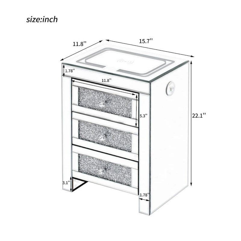 Table d'appoint rectangulaire en miroir argenté 15,7 W avec recharge sans fil et USB