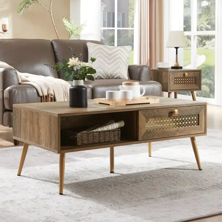Table basse rectangulaire en bois 42 W avec étagère de rangement et tiroir