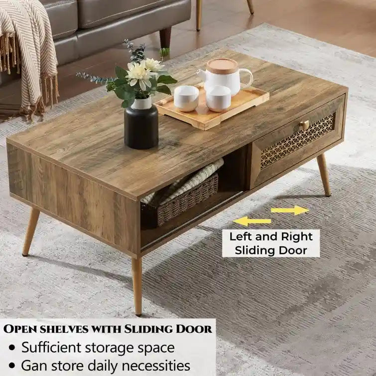 Table basse rectangulaire en bois 42 W avec étagère de rangement et tiroir