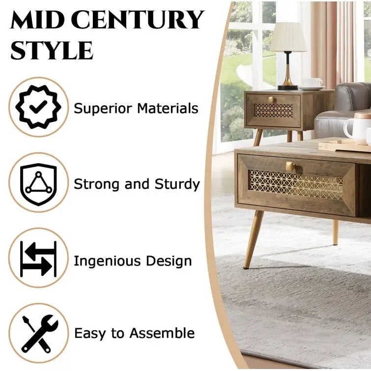 Table basse rectangulaire en bois 42 W avec étagère de rangement et tiroir