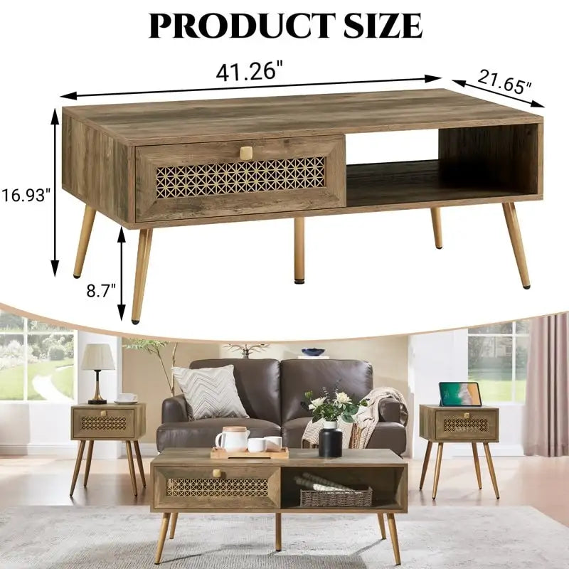 Table basse rectangulaire en bois 42 W avec étagère de rangement et tiroir