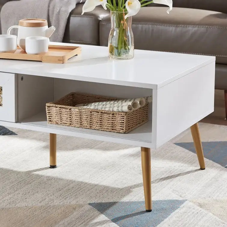 Table basse rectangulaire en bois 42 W avec étagère de rangement et tiroir
