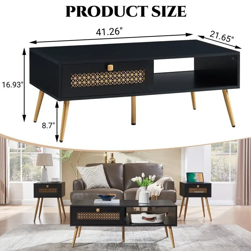 Table basse rectangulaire en bois 42 W avec étagère de rangement et tiroir