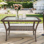 Table basse de patio en rotin de résine tout temps avec plateau en verre