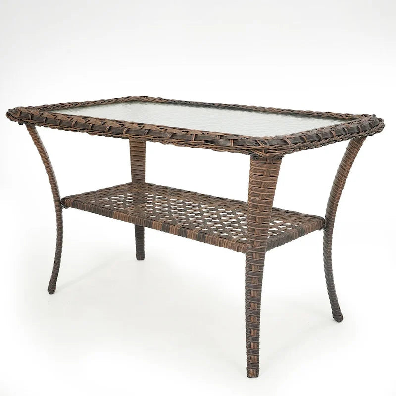 Table basse de patio en rotin de résine tout temps avec plateau en verre