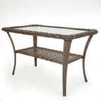 Table basse de patio en rotin de résine tout temps avec plateau en verre