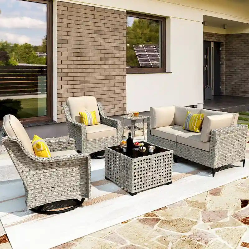 OVIOS 6 Pieces Outdoor Wicker Swivel Chair Set With Solar-Powered Coffee Table