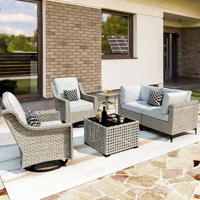 Ensemble de 6 chaises pivotantes en osier d'extérieur OVIOS avec table basse à énergie solaire