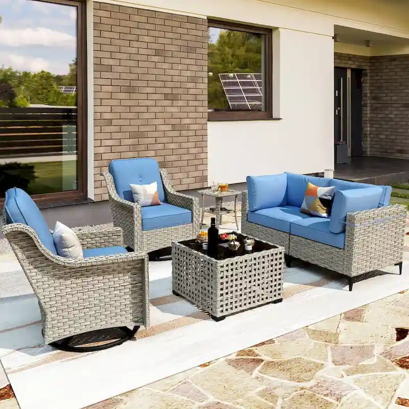 Ensemble de 6 chaises pivotantes en osier d'extérieur OVIOS avec table basse à énergie solaire