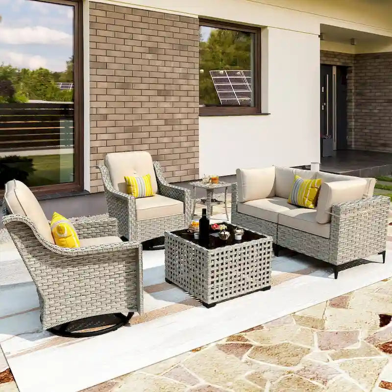 Ensemble de 6 chaises pivotantes en osier d'extérieur OVIOS avec table basse à énergie solaire