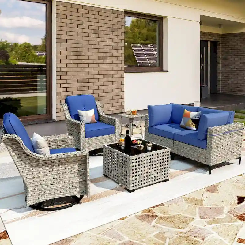 Ensemble de 6 chaises pivotantes en osier d'extérieur OVIOS avec table basse à énergie solaire