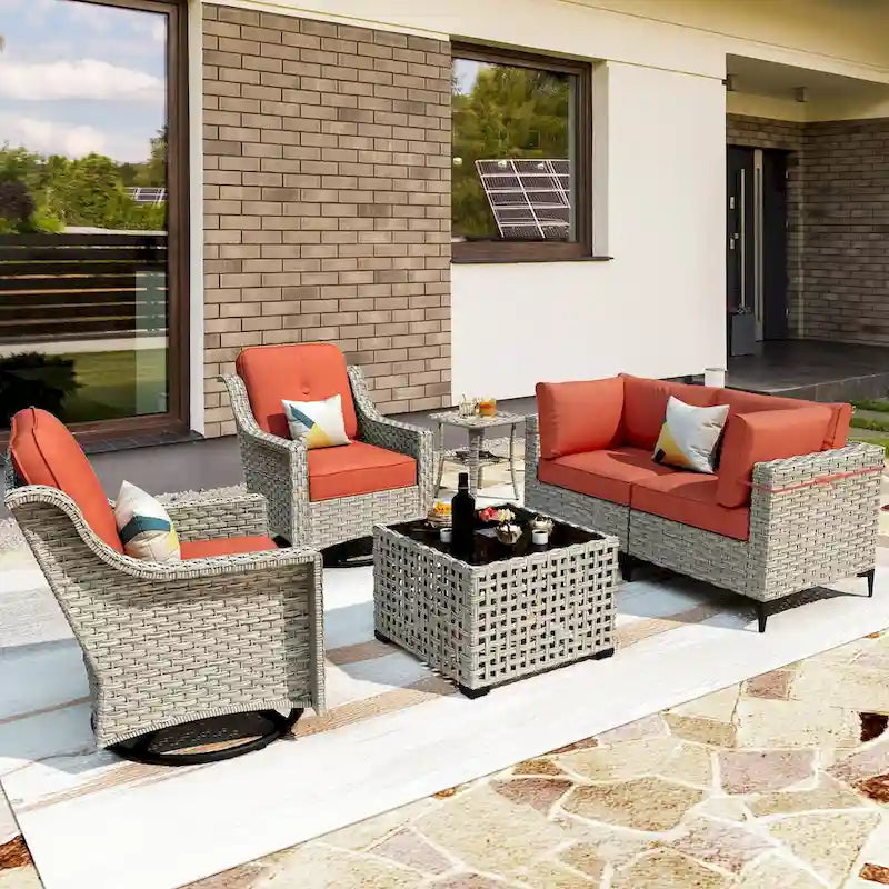 Ensemble de 6 chaises pivotantes en osier d'extérieur OVIOS avec table basse à énergie solaire