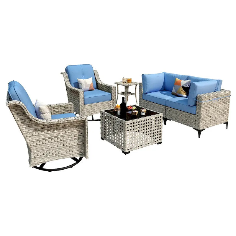Ensemble de 6 chaises pivotantes en osier d'extérieur OVIOS avec table basse à énergie solaire