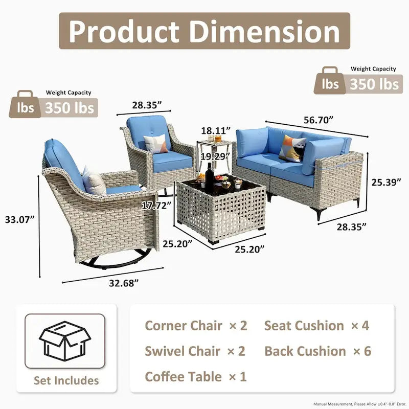 Ensemble de 6 chaises pivotantes en osier d'extérieur OVIOS avec table basse à énergie solaire