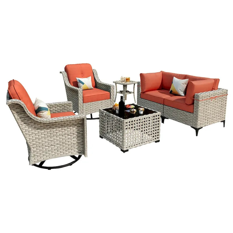 Ensemble de 6 chaises pivotantes en osier d'extérieur OVIOS avec table basse à énergie solaire