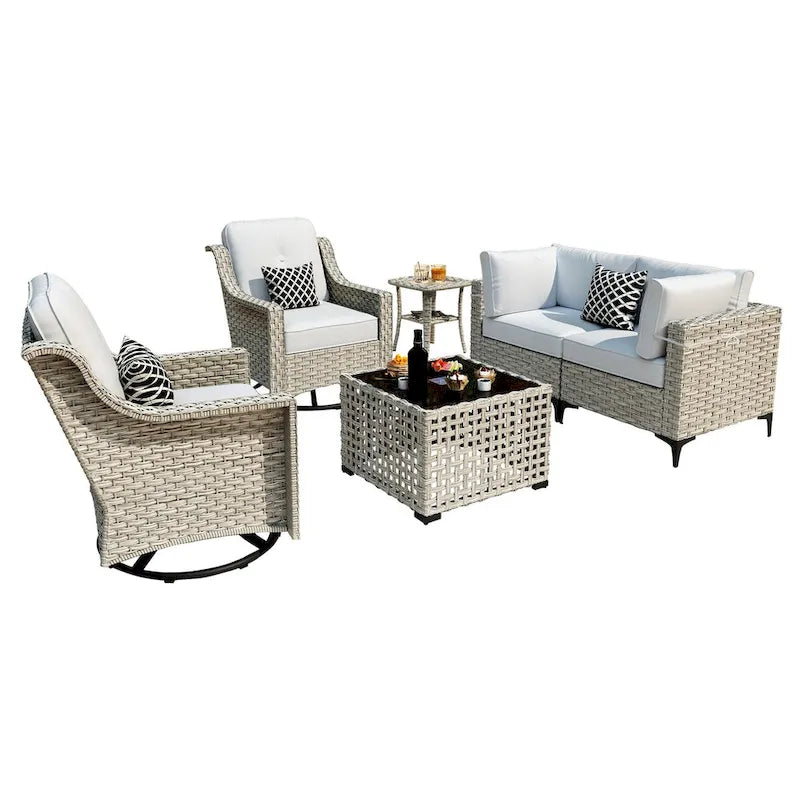 Ensemble de 6 chaises pivotantes en osier d'extérieur OVIOS avec table basse à énergie solaire