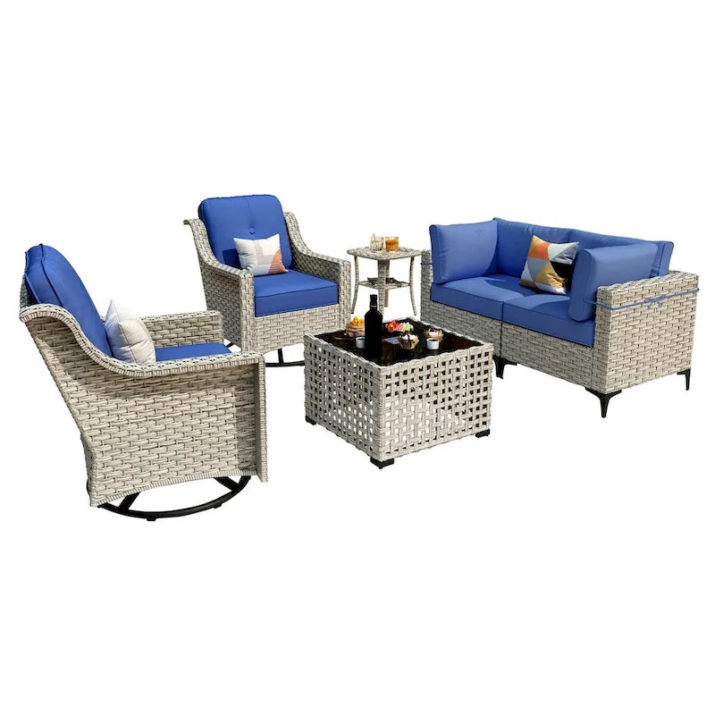 Ensemble de 6 chaises pivotantes en osier d'extérieur OVIOS avec table basse à énergie solaire