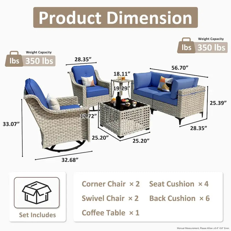 Ensemble de 6 chaises pivotantes en osier d'extérieur OVIOS avec table basse à énergie solaire
