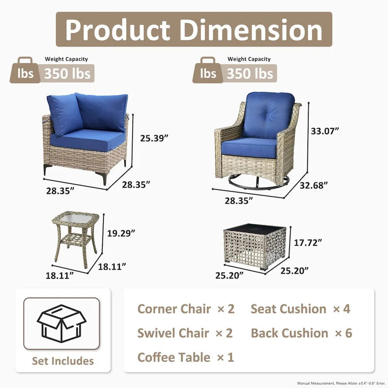 Ensemble de 6 chaises pivotantes en osier d'extérieur OVIOS avec table basse à énergie solaire