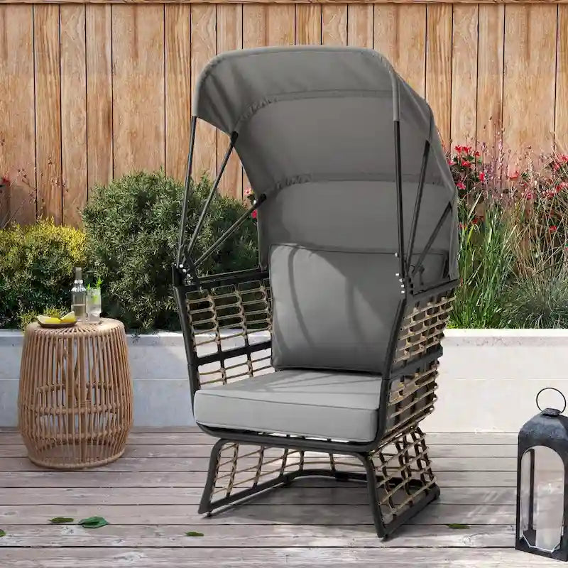 Fauteuil œuf de salon PELLEBANT en osier PE et aluminium pour l'intérieur et l'extérieur avec auvent et coussins