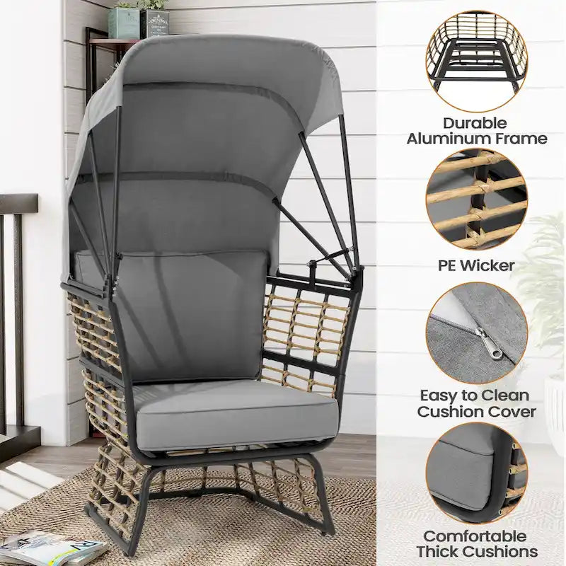 Fauteuil œuf de salon PELLEBANT en osier PE et aluminium pour l'intérieur et l'extérieur avec auvent et coussins