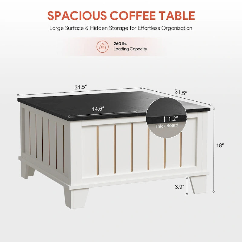 Table basse carrée rustique de ferme avec plateau relevable et rangement de 31,5 po