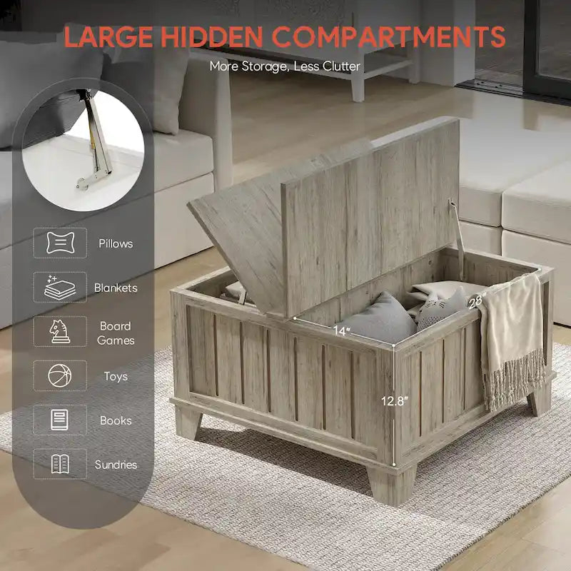 Table basse carrée rustique de ferme avec plateau relevable et rangement de 31,5 po
