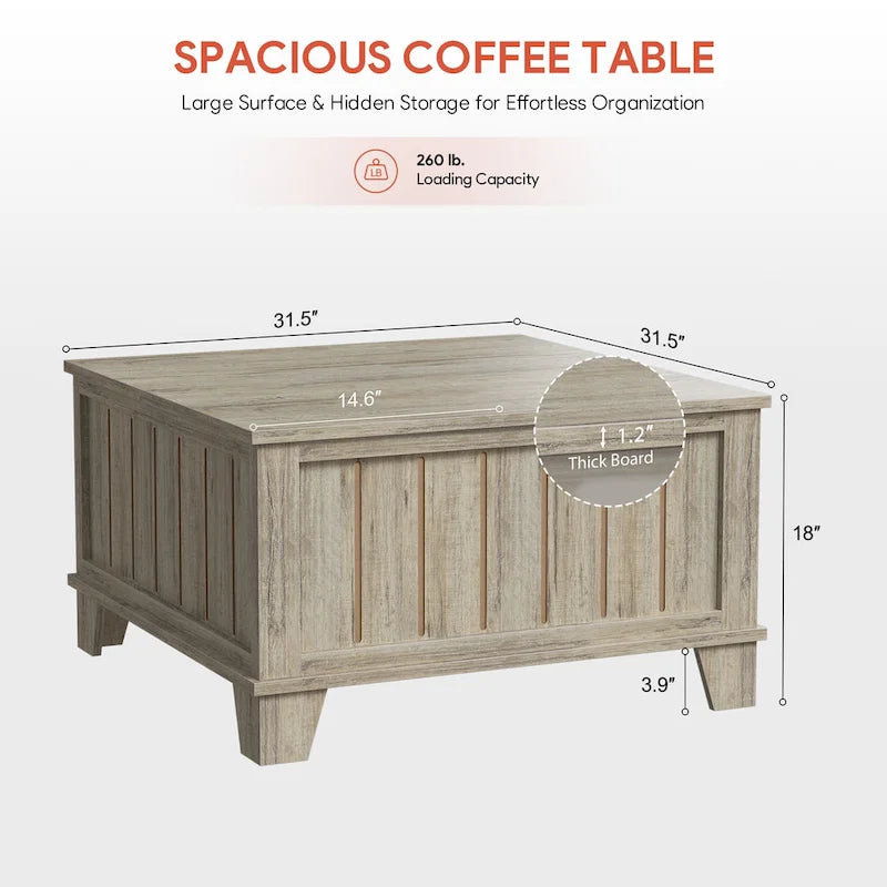 Table basse carrée rustique de ferme avec plateau relevable et rangement de 31,5 po