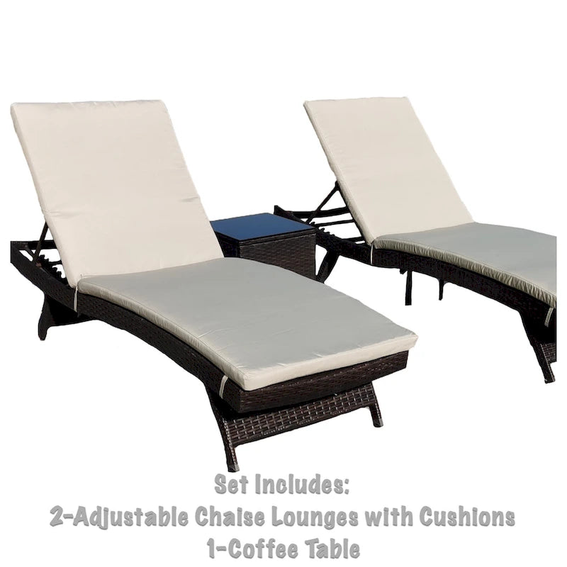 Ensemble de 3 chaises longues en osier Polo marron avec coussins beiges - N/A