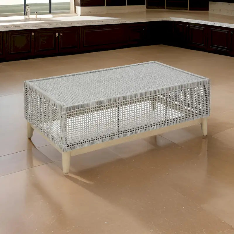 Yami 50 Inch Outdoor Coffee Table, Resin Wicker, Tempered Glass Top, Gray
