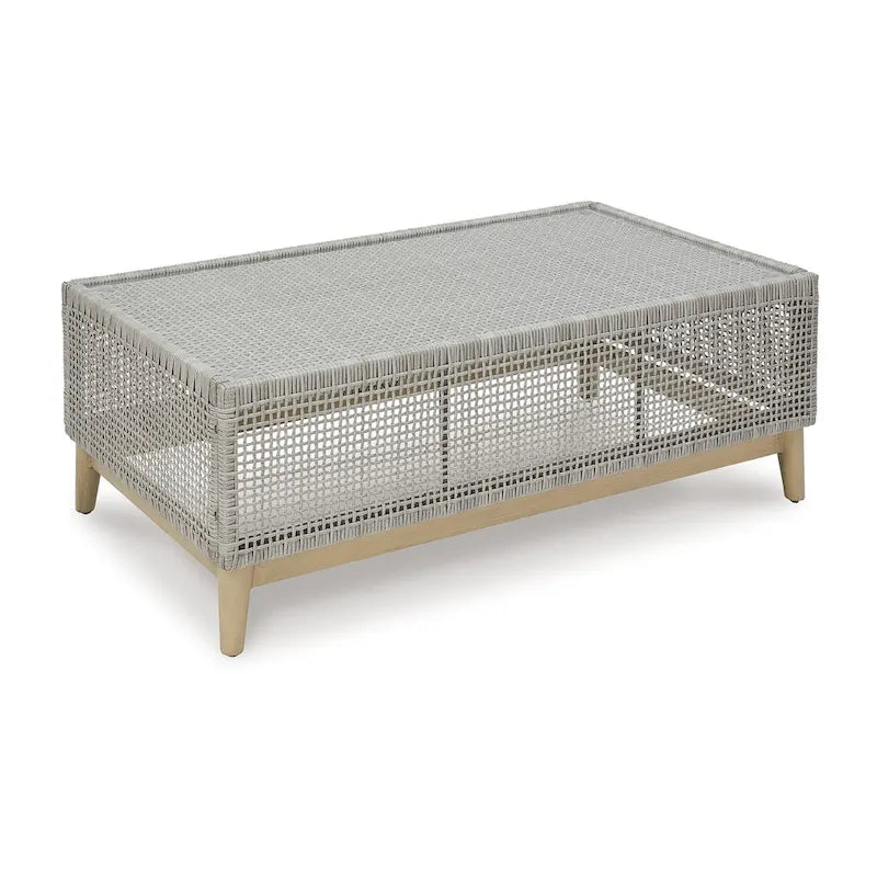 Table basse d'extérieur Yami 127 cm, résine tressée, plateau en verre trempé, gris