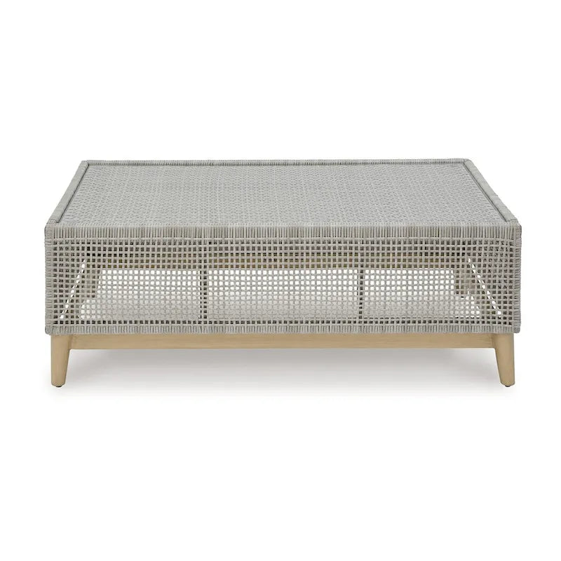 Table basse d'extérieur Yami 127 cm, résine tressée, plateau en verre trempé, gris