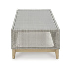 Table basse d'extérieur Yami 127 cm, résine tressée, plateau en verre trempé, gris