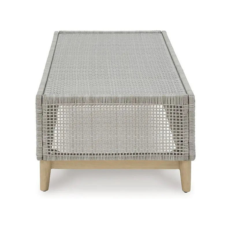 Table basse d'extérieur Yami 127 cm, résine tressée, plateau en verre trempé, gris