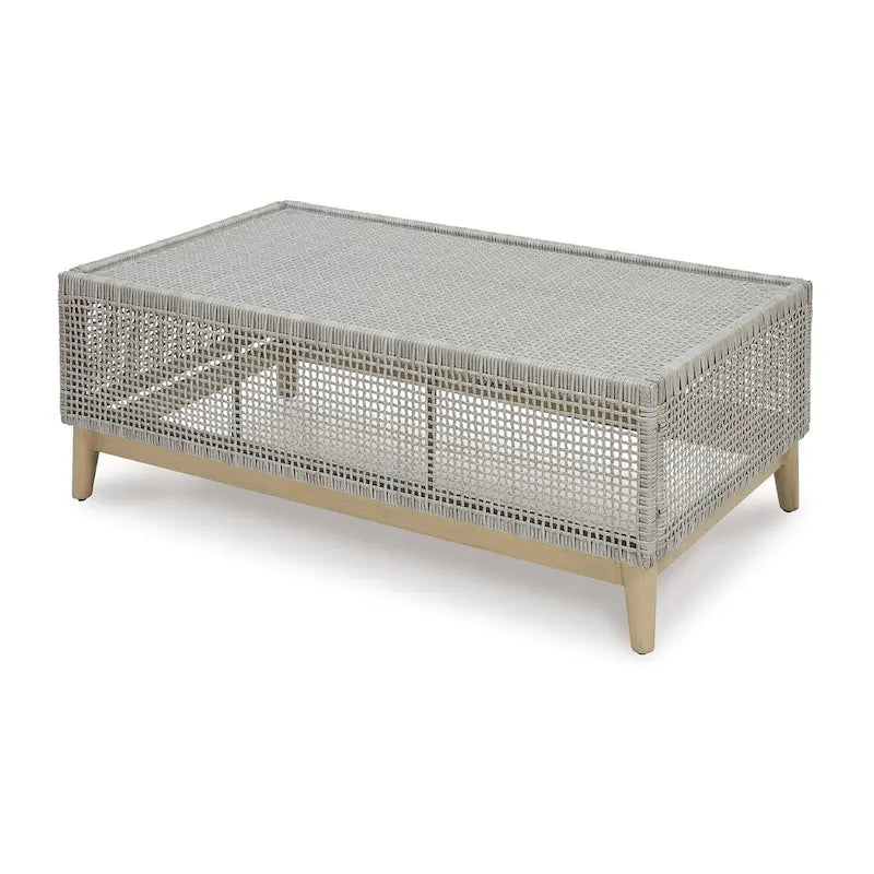 Table basse d'extérieur Yami 127 cm, résine tressée, plateau en verre trempé, gris