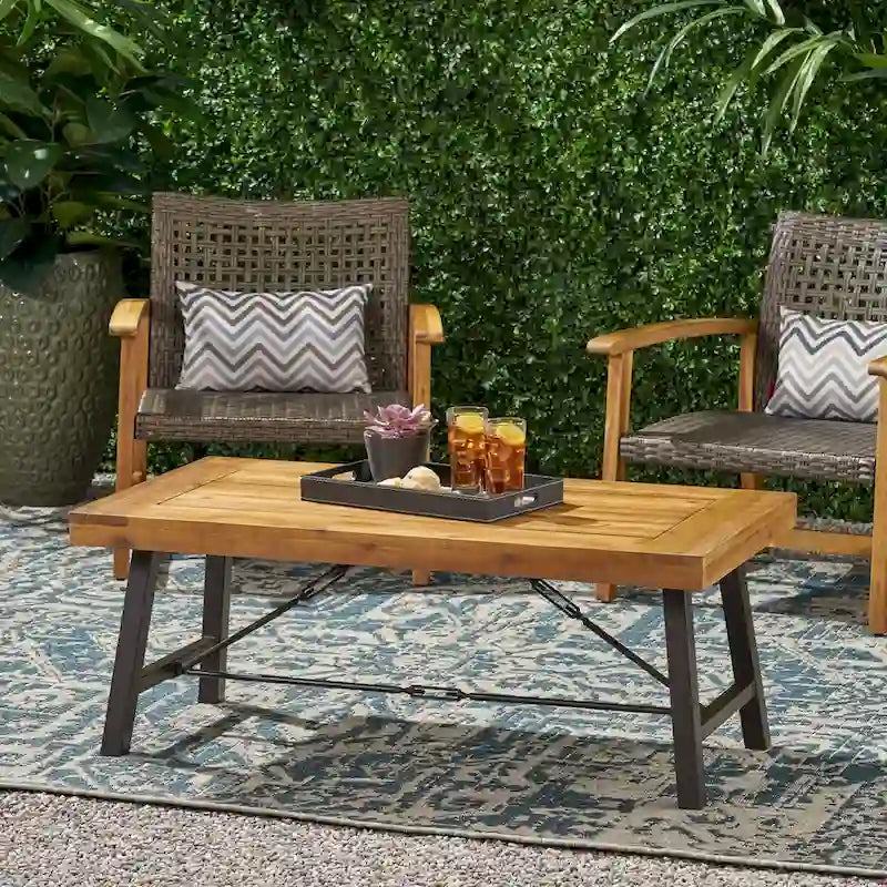 Table basse d'extérieur en bois d'acacia, finition teck / métal rustique marron et noir, 27,25P x 45,75L x 18H