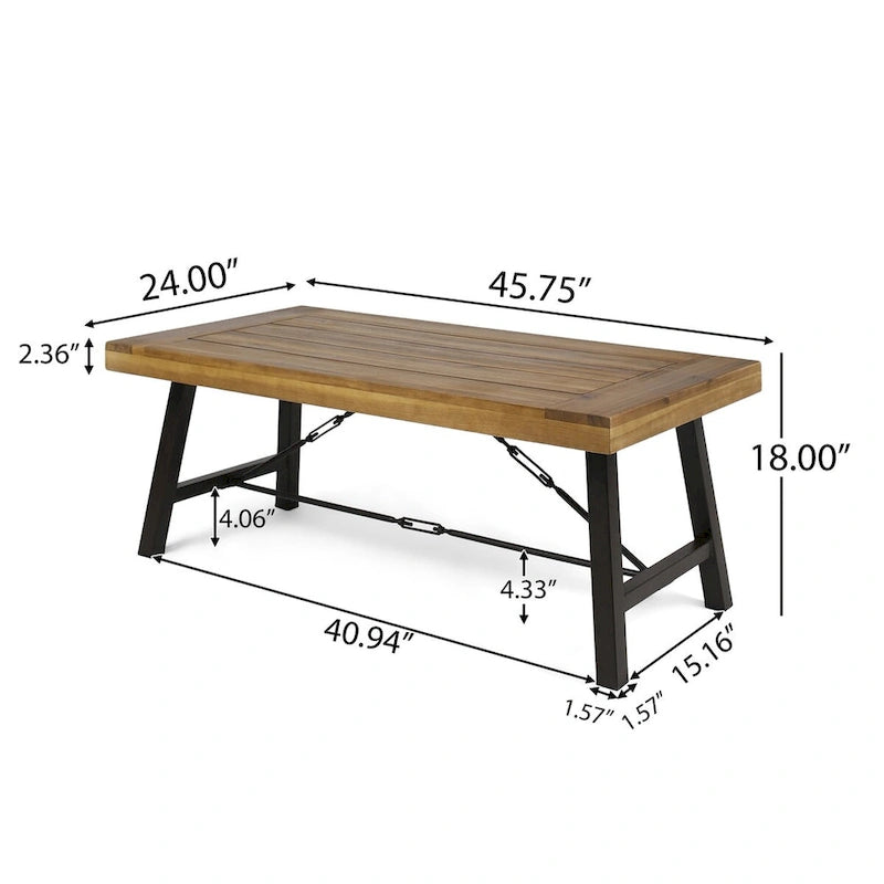 Table basse d'extérieur en bois d'acacia, finition teck / métal rustique marron et noir, 27,25P x 45,75L x 18H