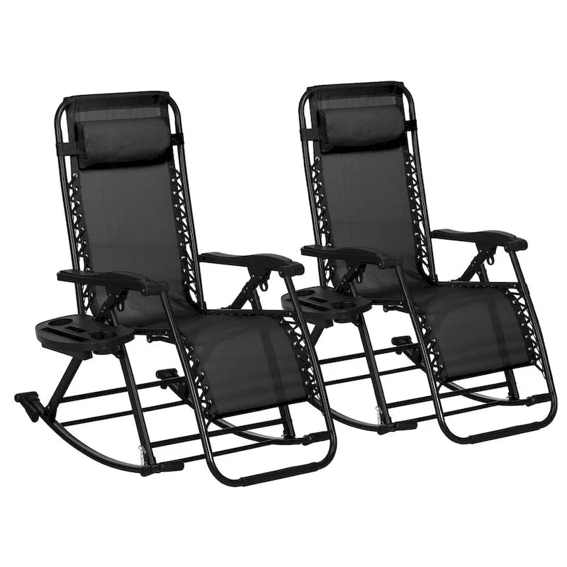 Lot de 2 chaises berçantes pliables d'extérieur, fauteuils à bascule inclinables zéro gravité avec oreiller, porte-gobelet et porte-téléphone