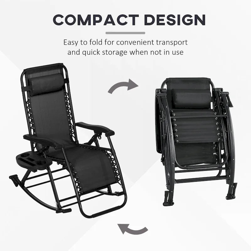 Lot de 2 chaises berçantes pliables d'extérieur, fauteuils à bascule inclinables zéro gravité avec oreiller, porte-gobelet et porte-téléphone