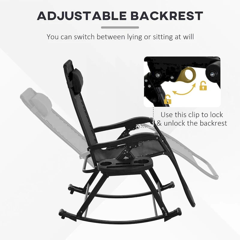 Lot de 2 chaises berçantes pliables d'extérieur, fauteuils à bascule inclinables zéro gravité avec oreiller, porte-gobelet et porte-téléphone