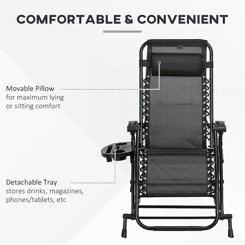 Lot de 2 chaises berçantes pliables d'extérieur, fauteuils à bascule inclinables zéro gravité avec oreiller, porte-gobelet et porte-téléphone