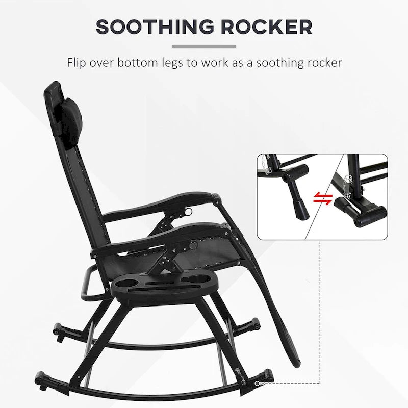 Lot de 2 chaises berçantes pliables d'extérieur, fauteuils à bascule inclinables zéro gravité avec oreiller, porte-gobelet et porte-téléphone