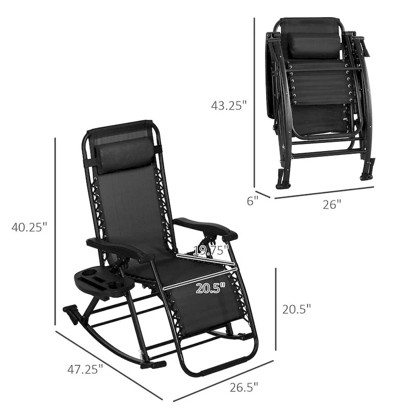 Lot de 2 chaises berçantes pliables d'extérieur, fauteuils à bascule inclinables zéro gravité avec oreiller, porte-gobelet et porte-téléphone